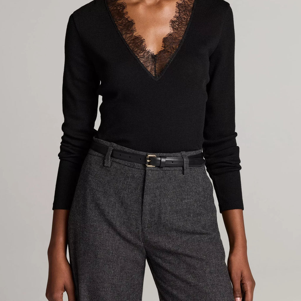 Vince Lace-Trim Ribbed Long-Sleeve V-Neck Top