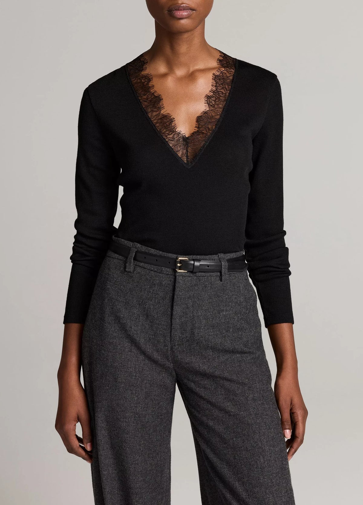 Vince Lace-Trim Ribbed Long-Sleeve V-Neck Top