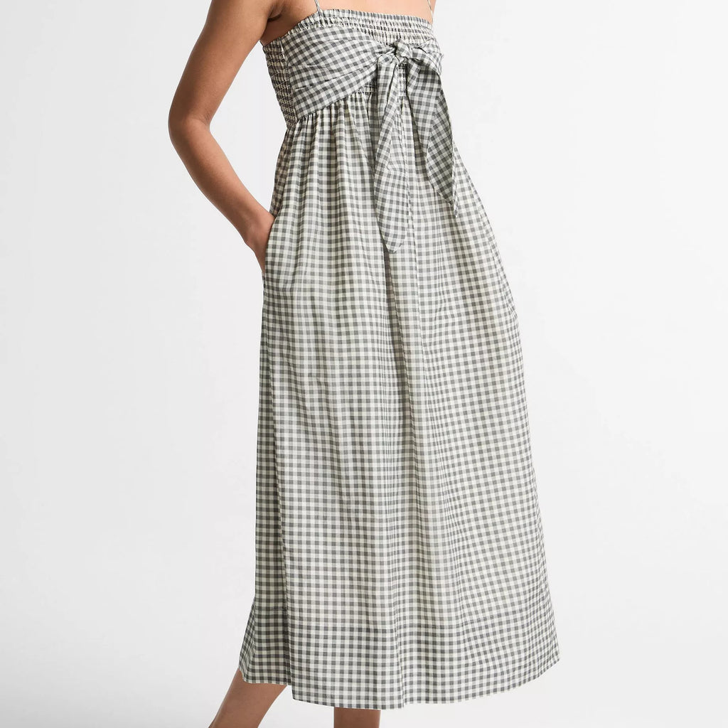 Vince Gingham Cotton-Silk Tie Smocked Dress