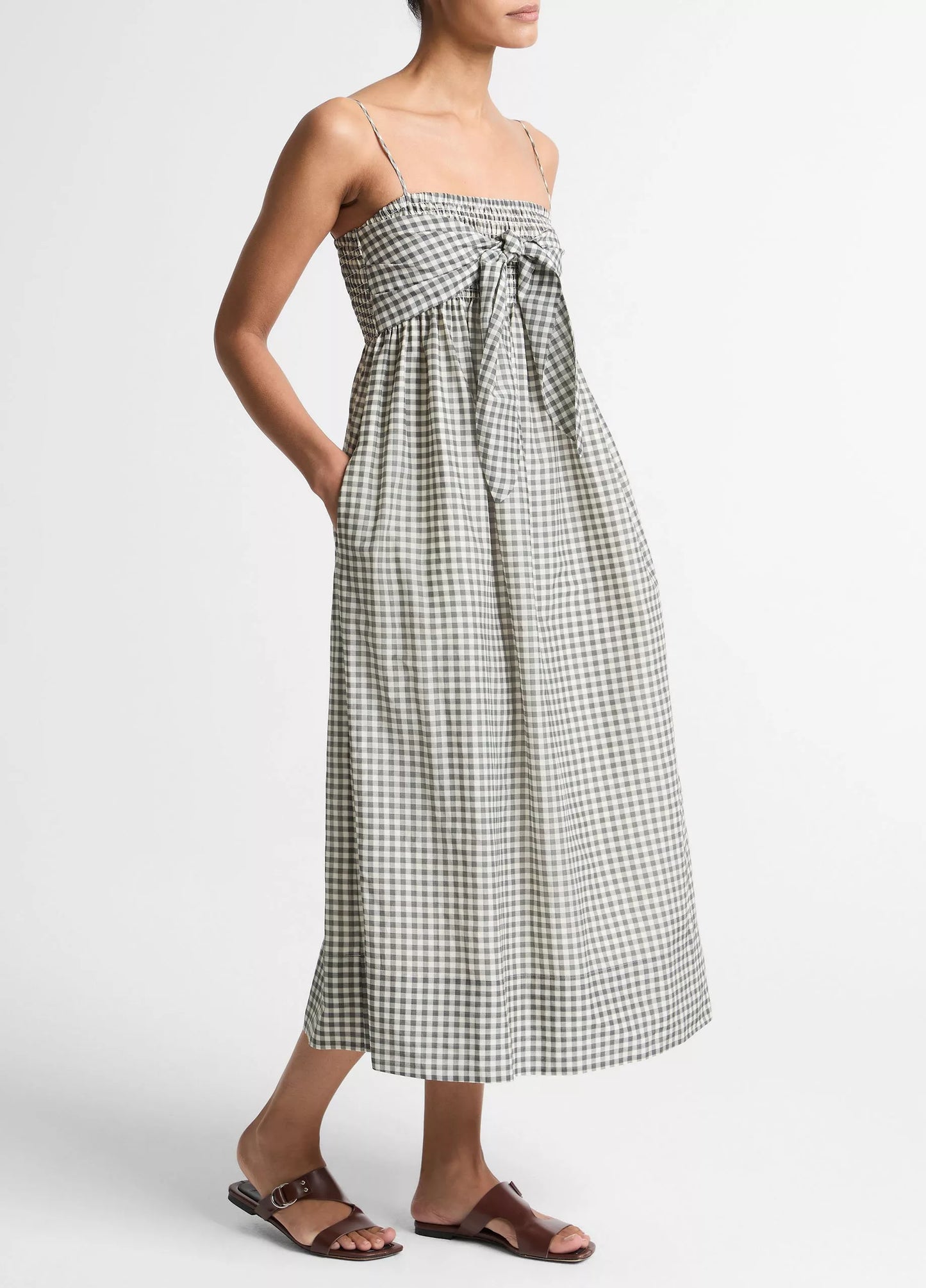 Vince Gingham Cotton-Silk Tie Smocked Dress