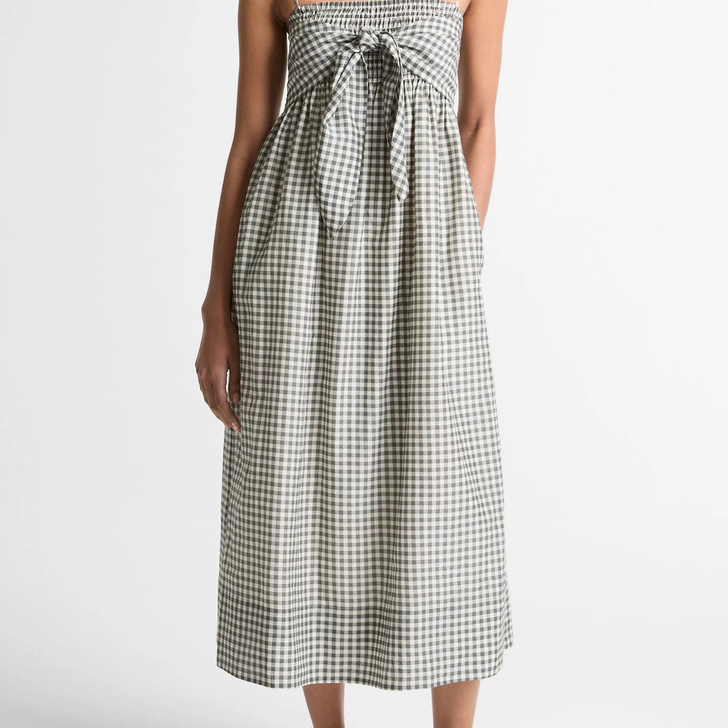 Vince Gingham Cotton-Silk Tie Smocked Dress