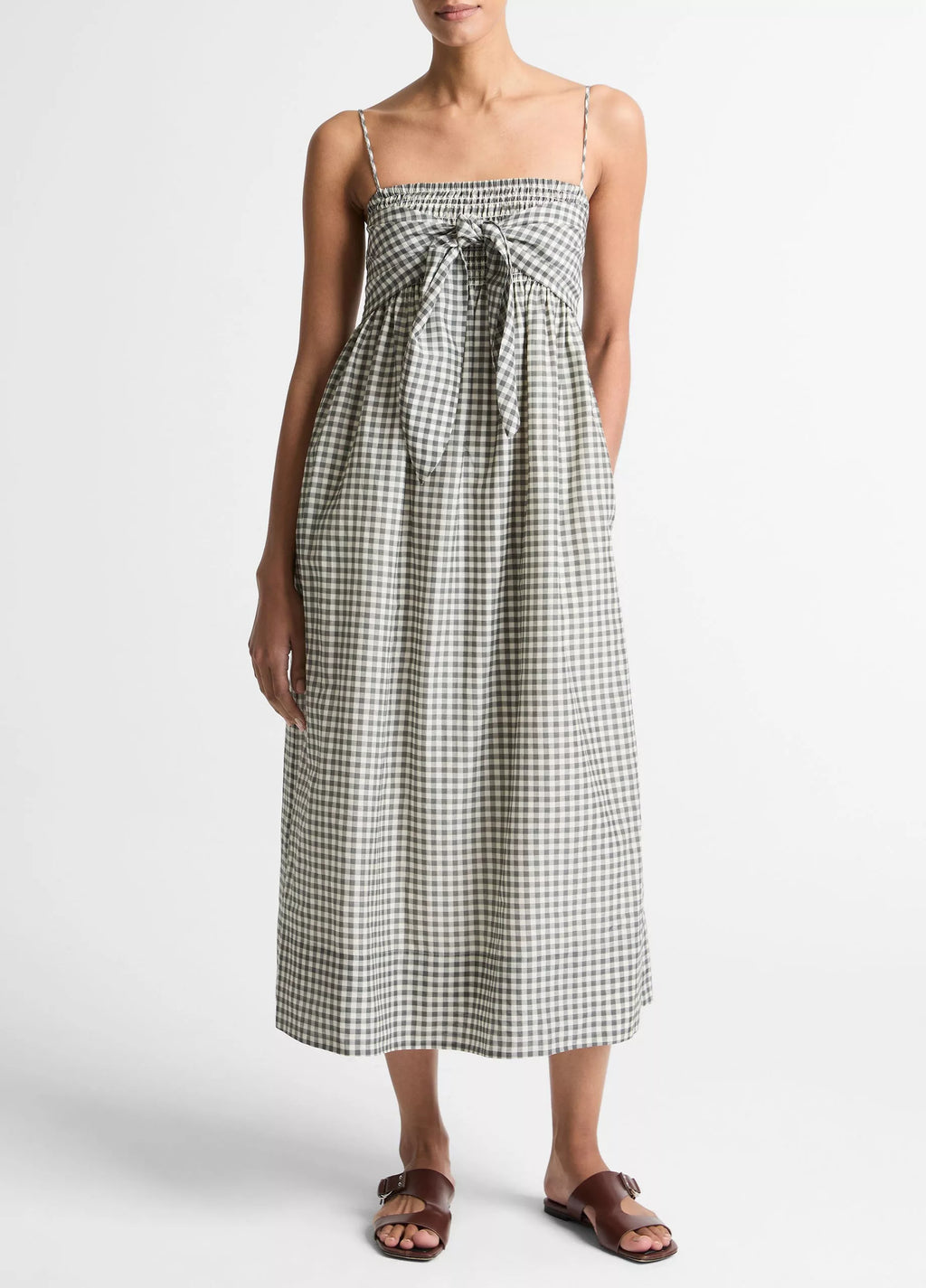 Vince Gingham Cotton-Silk Tie Smocked Dress