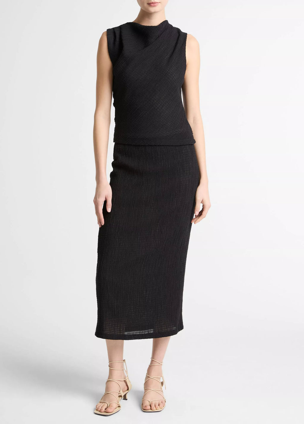 Vince Shadow Grid Cowl-Neck Top