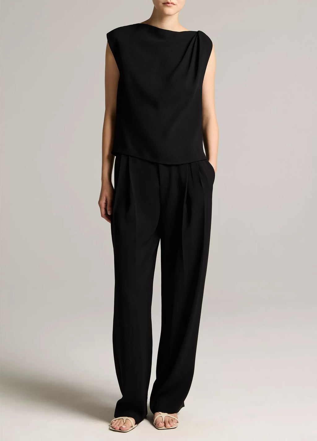 Vince Crepe Draped-Shoulder Sleeveless Top