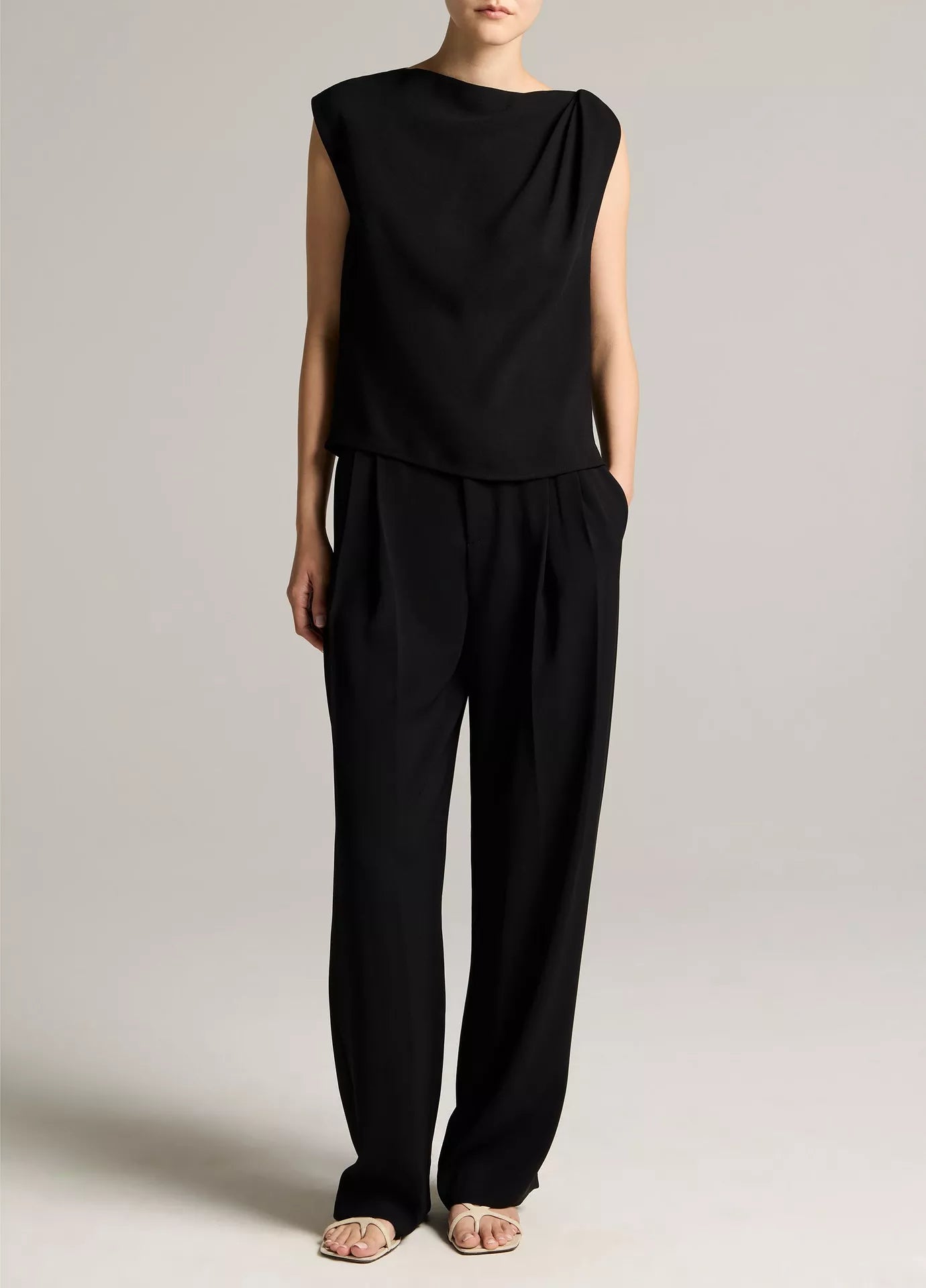 Vince Crepe Draped-Shoulder Sleeveless Top