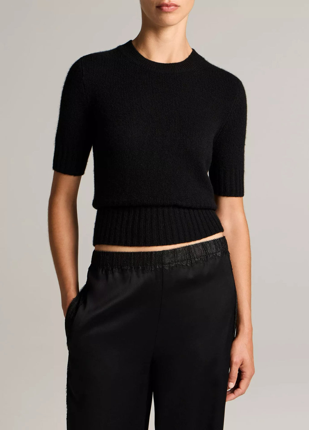 Vince Wool-Cashmere High-Rib Short-Sleeve Sweater