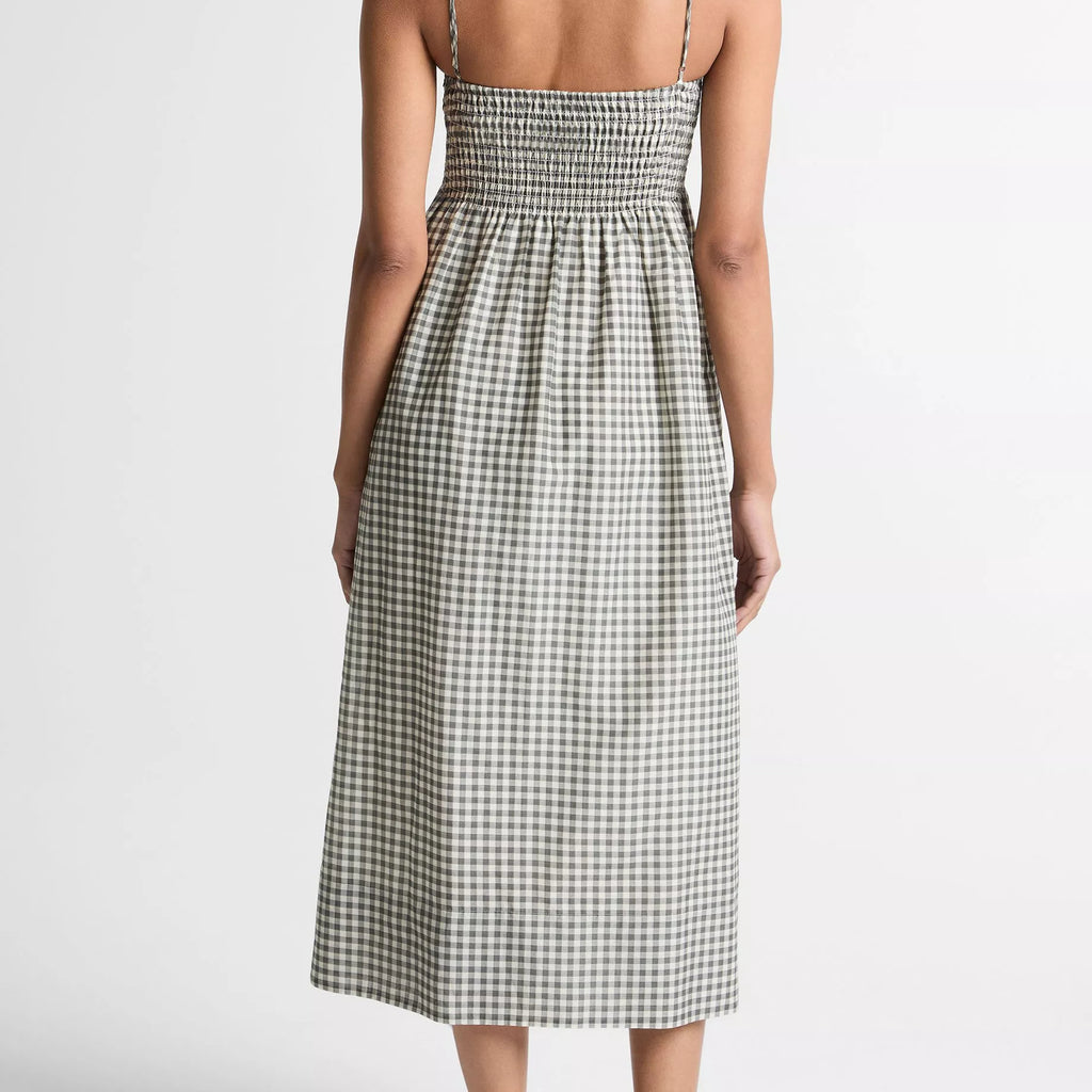 Vince Gingham Cotton-Silk Tie Smocked Dress