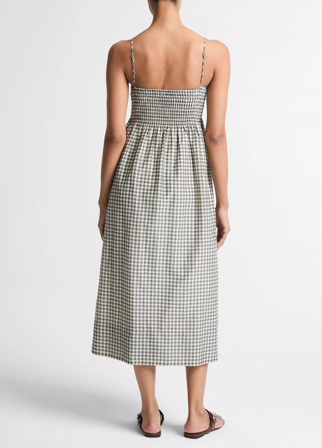 Vince Gingham Cotton-Silk Tie Smocked Dress