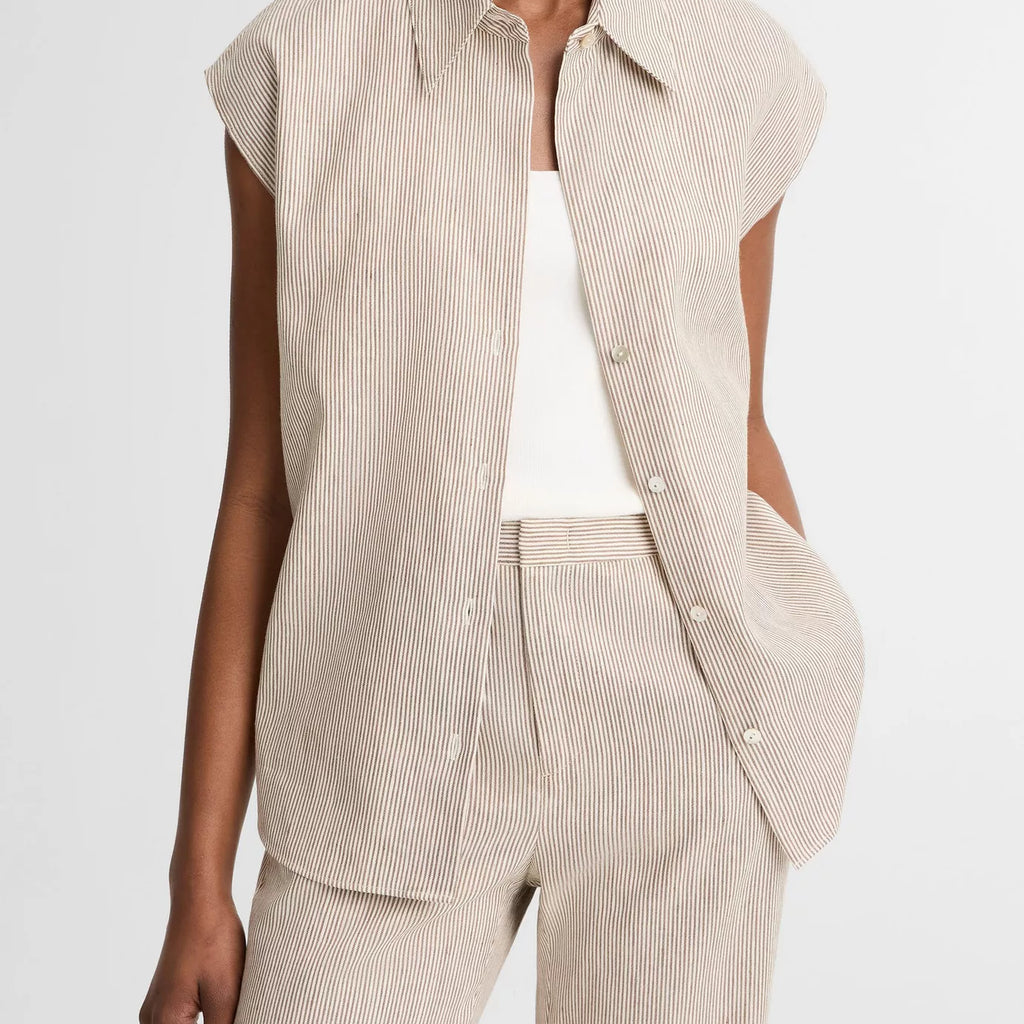 Vince Ticking Stripe Linen-Cotton Cap-Sleeve Blouse