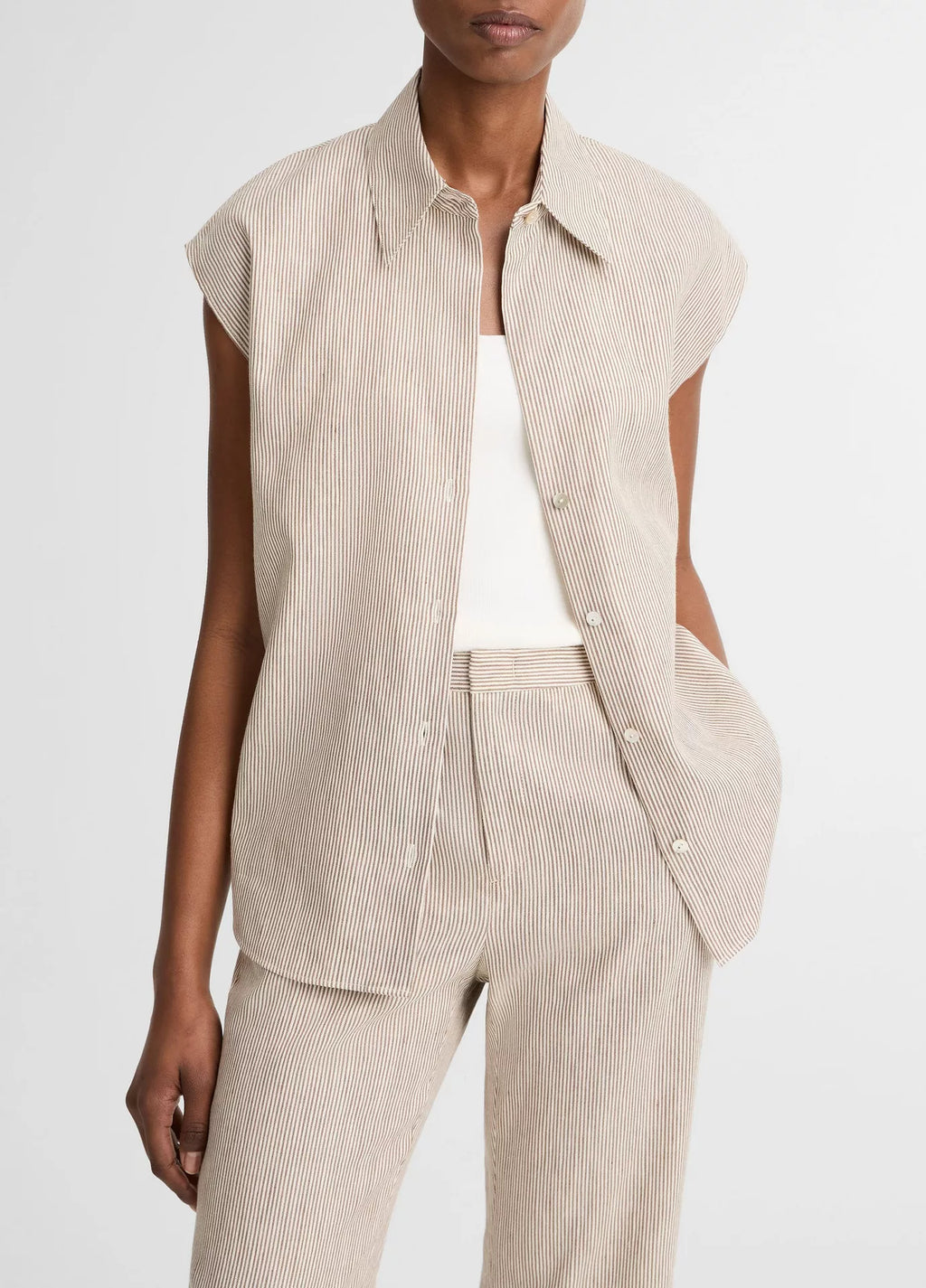 Vince Ticking Stripe Linen-Cotton Cap-Sleeve Blouse