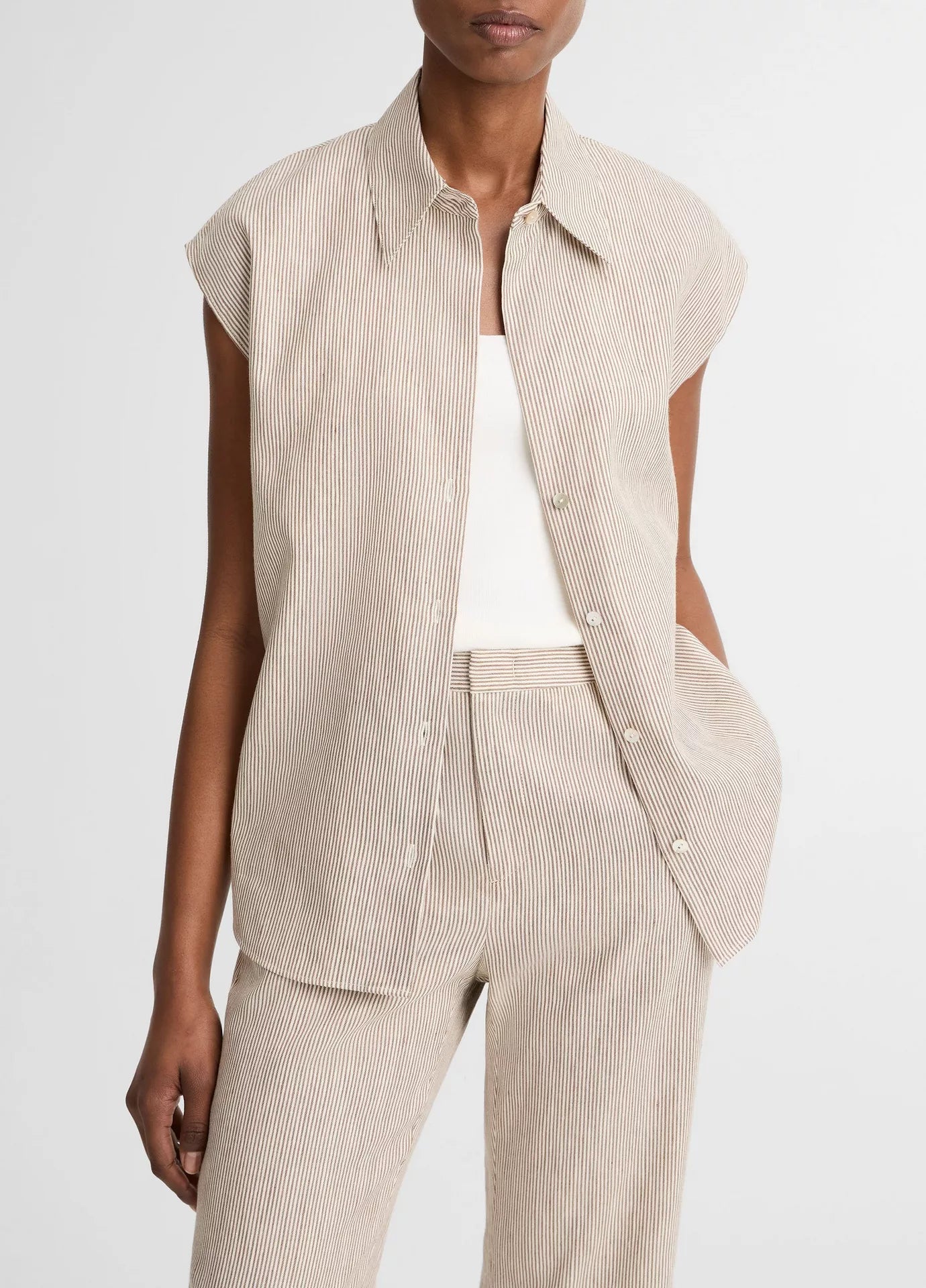 Vince Ticking Stripe Linen-Cotton Cap-Sleeve Blouse