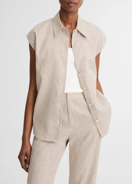 Vince Ticking Stripe Linen-Cotton Cap-Sleeve Blouse