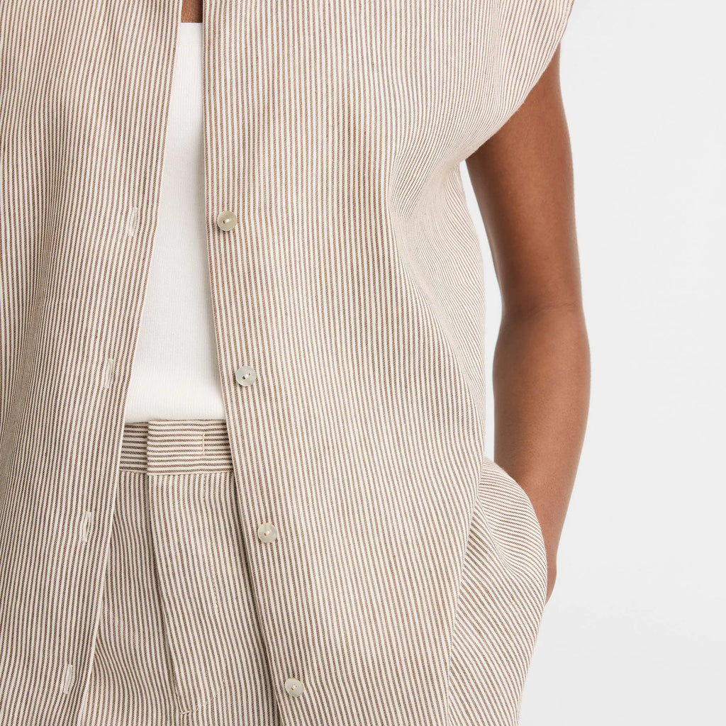 Vince Ticking Stripe Linen-Cotton Cap-Sleeve Blouse