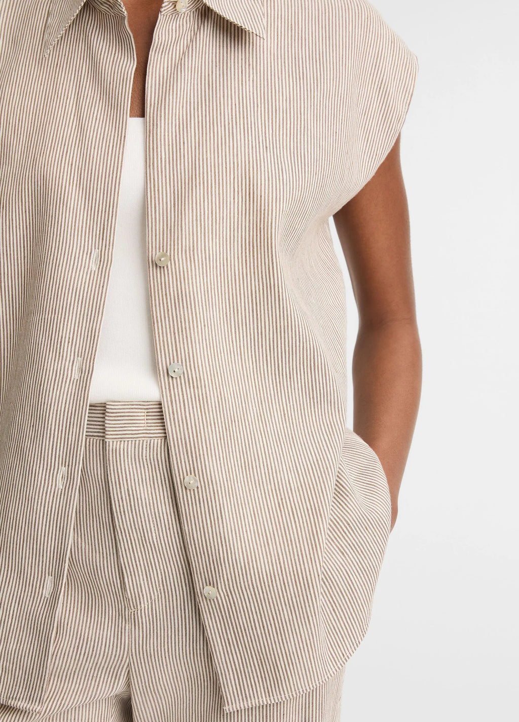 Vince Ticking Stripe Linen-Cotton Cap-Sleeve Blouse