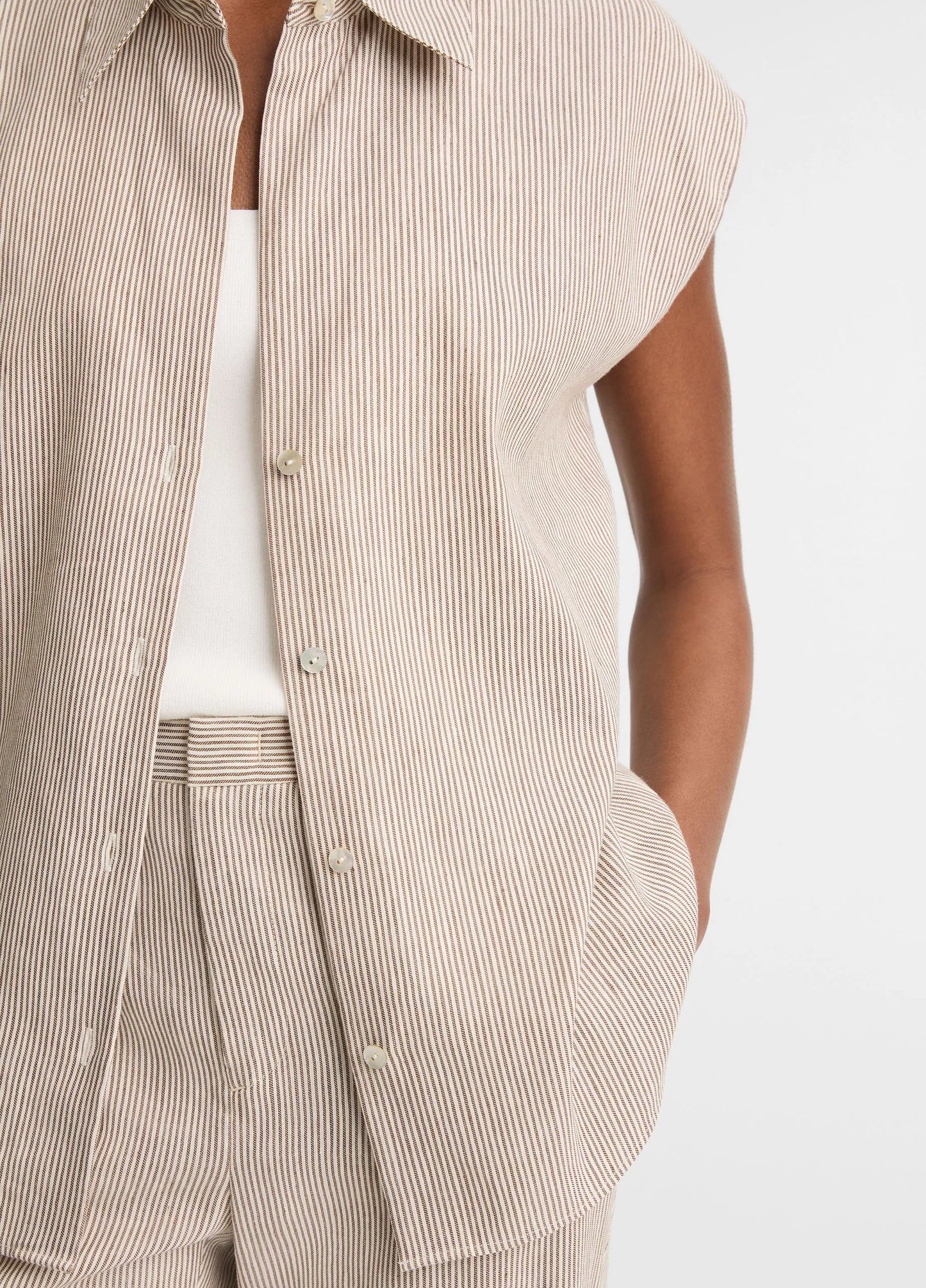 Vince Ticking Stripe Linen-Cotton Cap-Sleeve Blouse