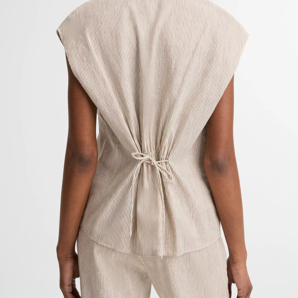 Vince Ticking Stripe Linen-Cotton Cap-Sleeve Blouse