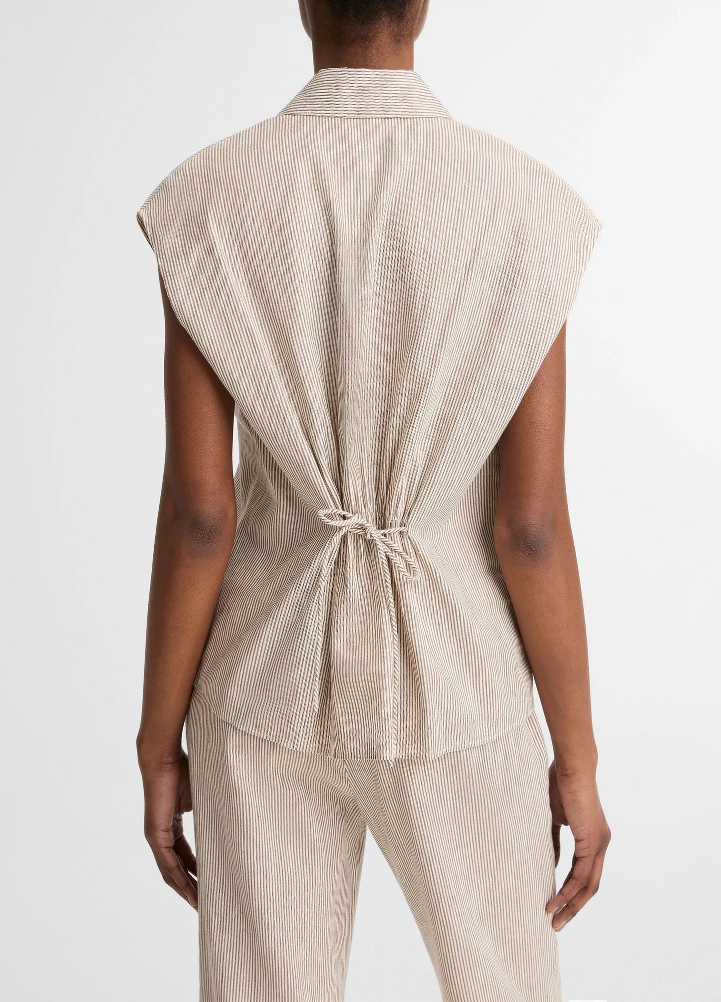 Vince Ticking Stripe Linen-Cotton Cap-Sleeve Blouse