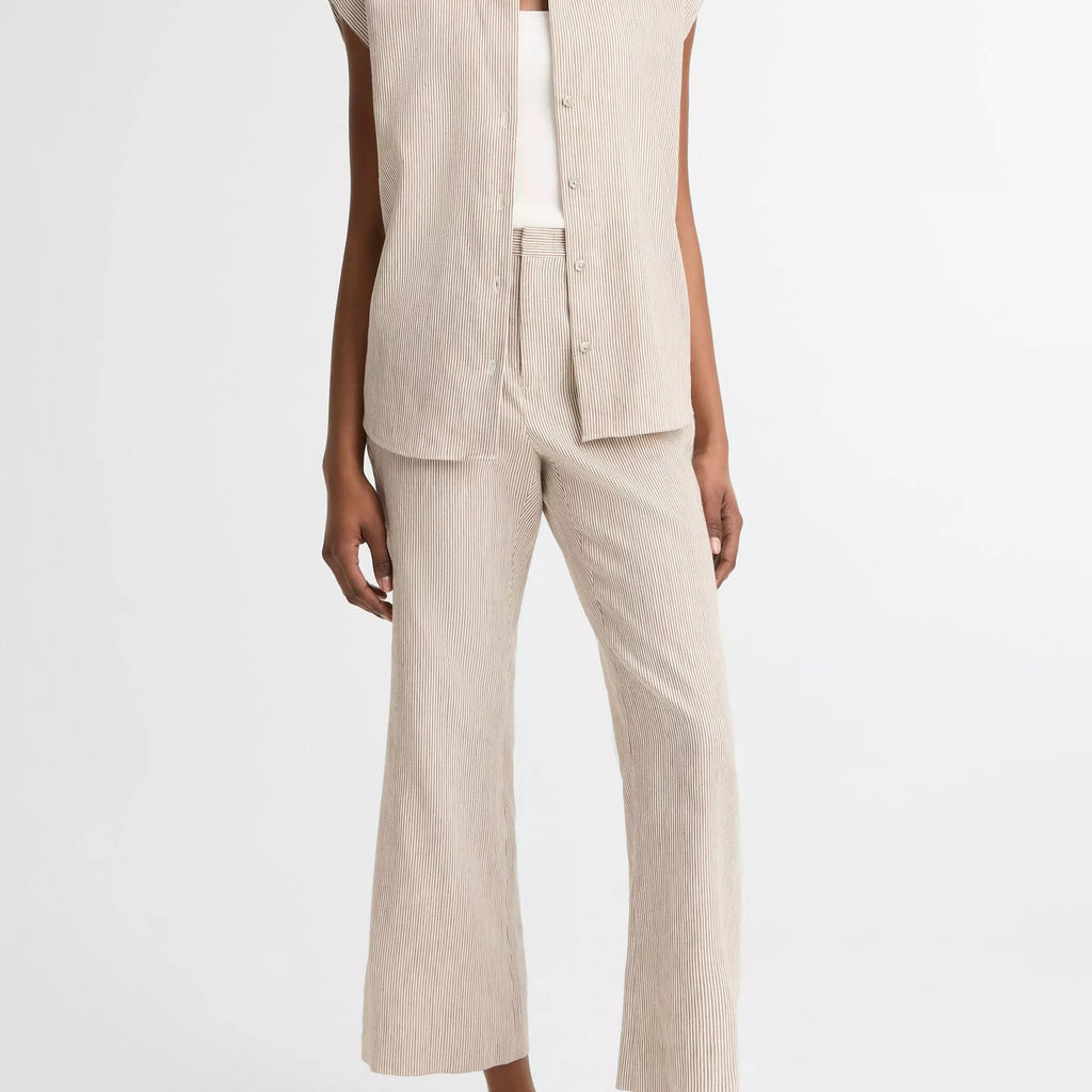 Vince Ticking Stripe Linen-Cotton Cap-Sleeve Blouse