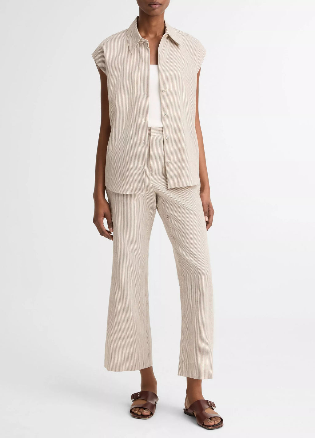 Vince Ticking Stripe Linen-Cotton Cap-Sleeve Blouse