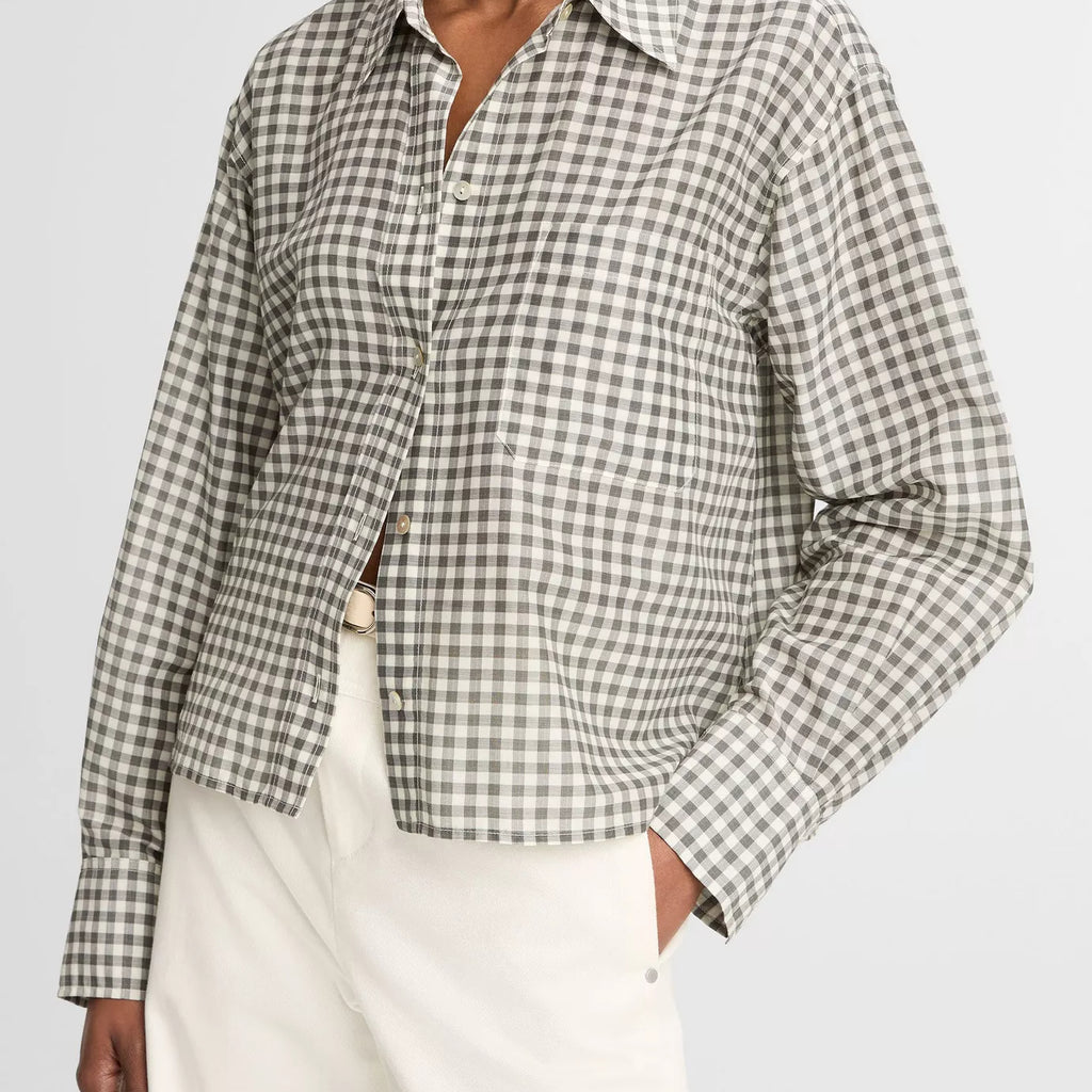 Vince Gingham Cotton-Silk Cropped Button-Front Shirt