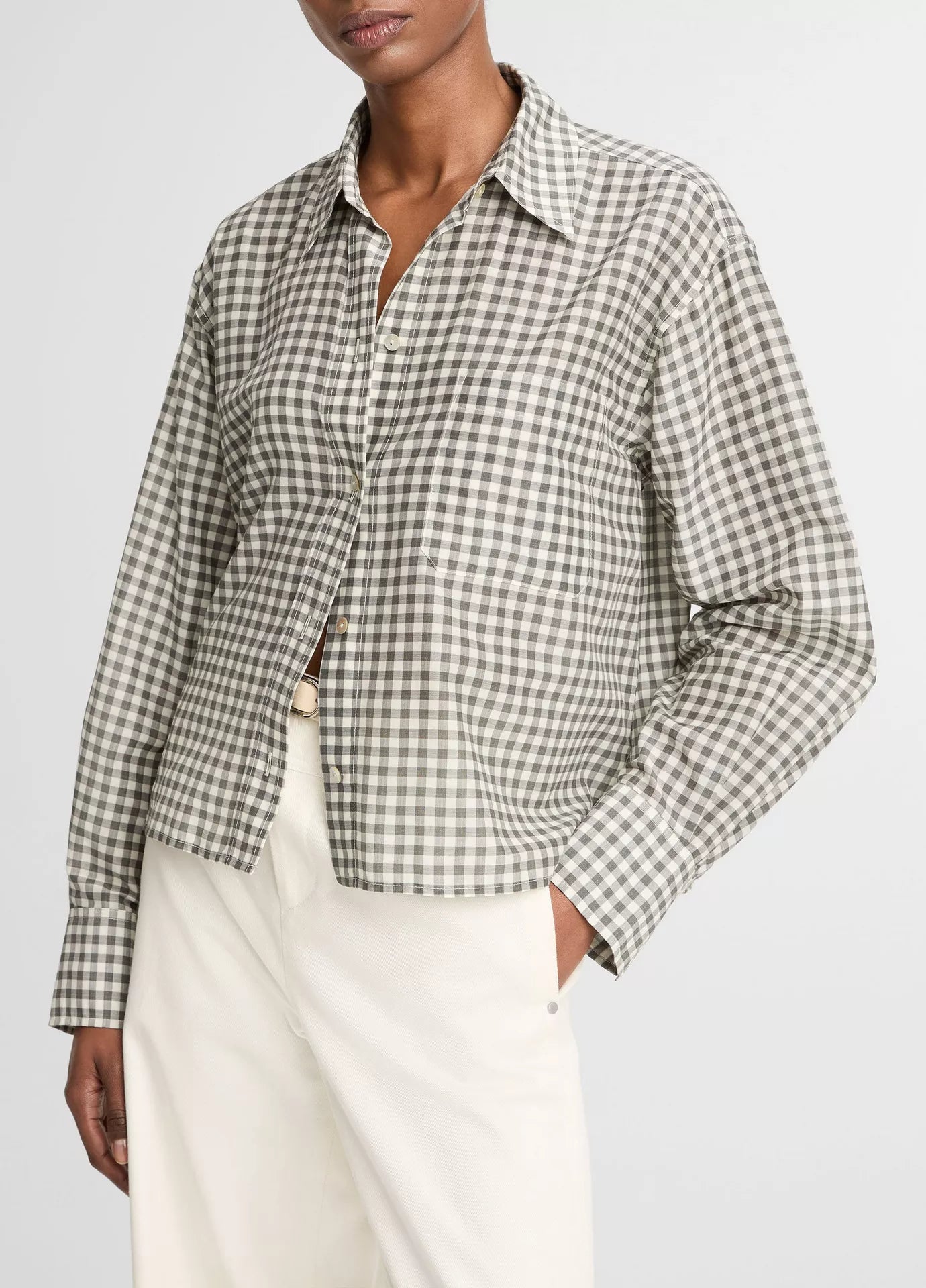 Vince Gingham Cotton-Silk Cropped Button-Front Shirt