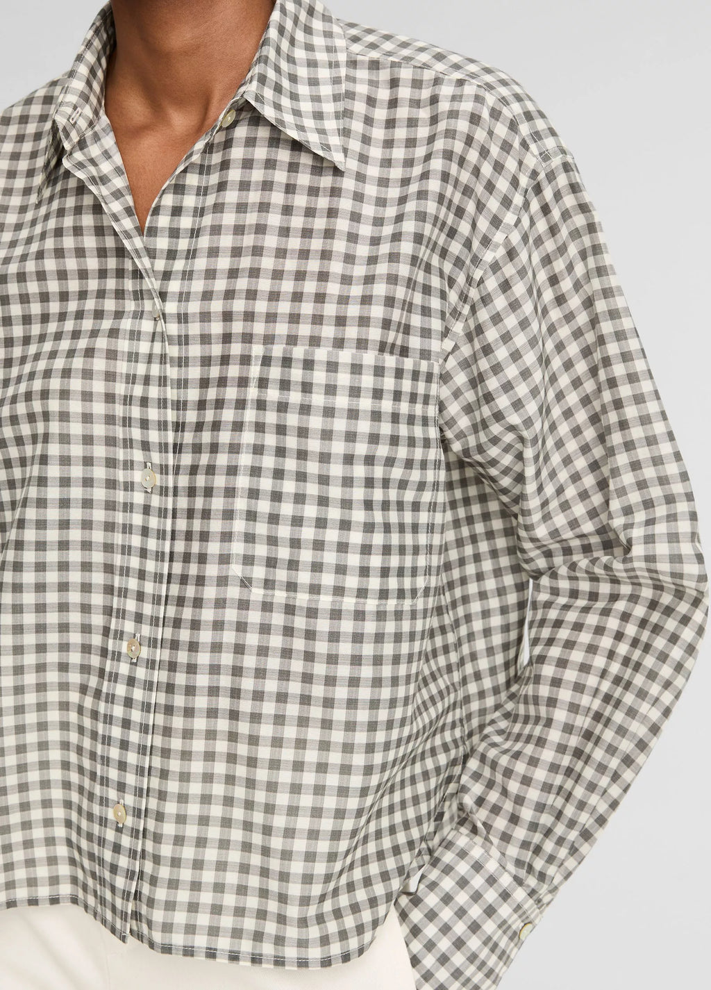 Vince Gingham Cotton-Silk Cropped Button-Front Shirt