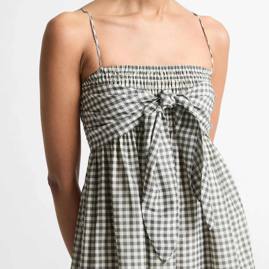Vince Gingham Cotton-Silk Tie Smocked Dress