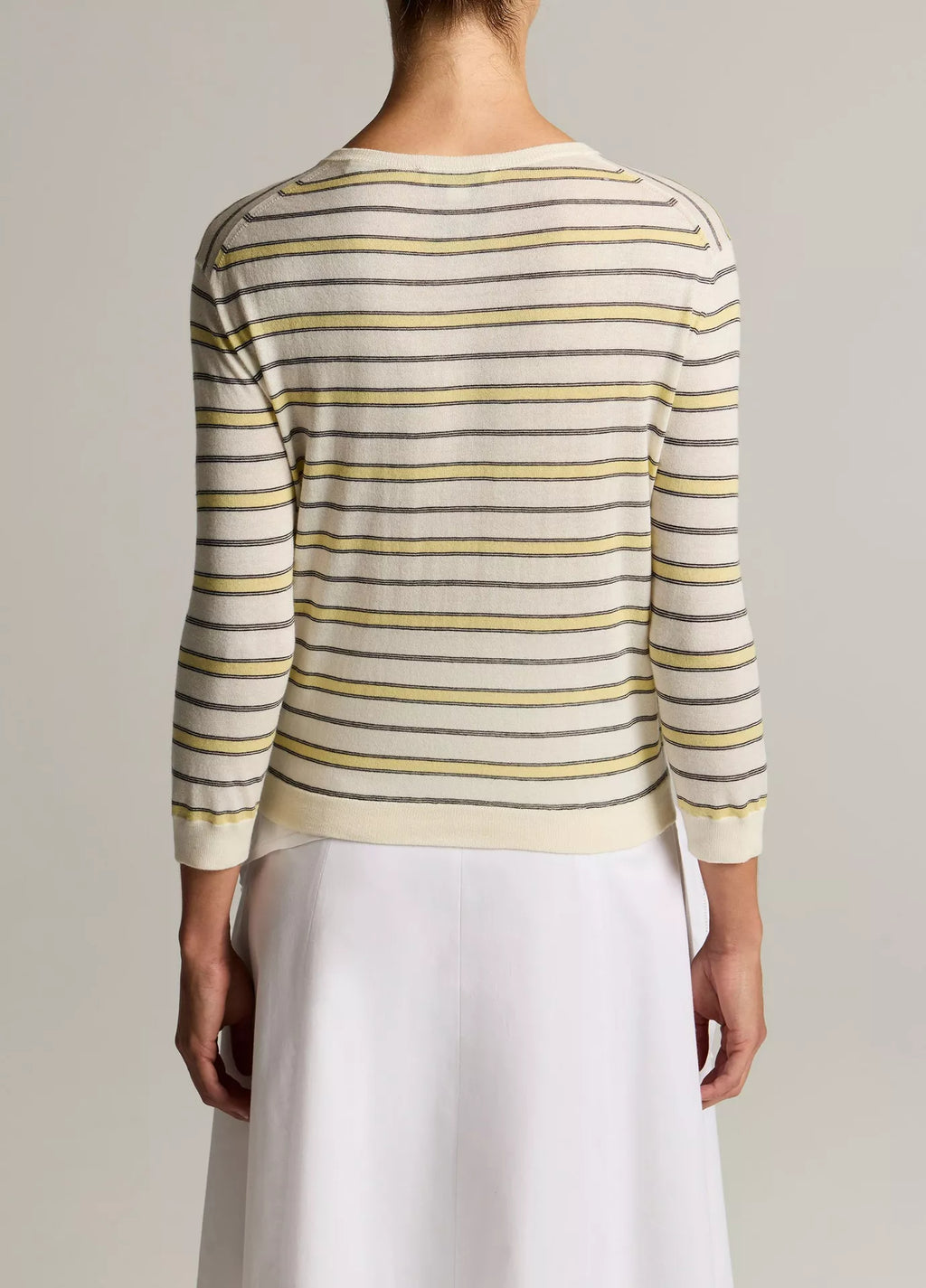 Vince Striped Italian Cotton-Cashmere Three-Quarter-Sleeve Cardigan