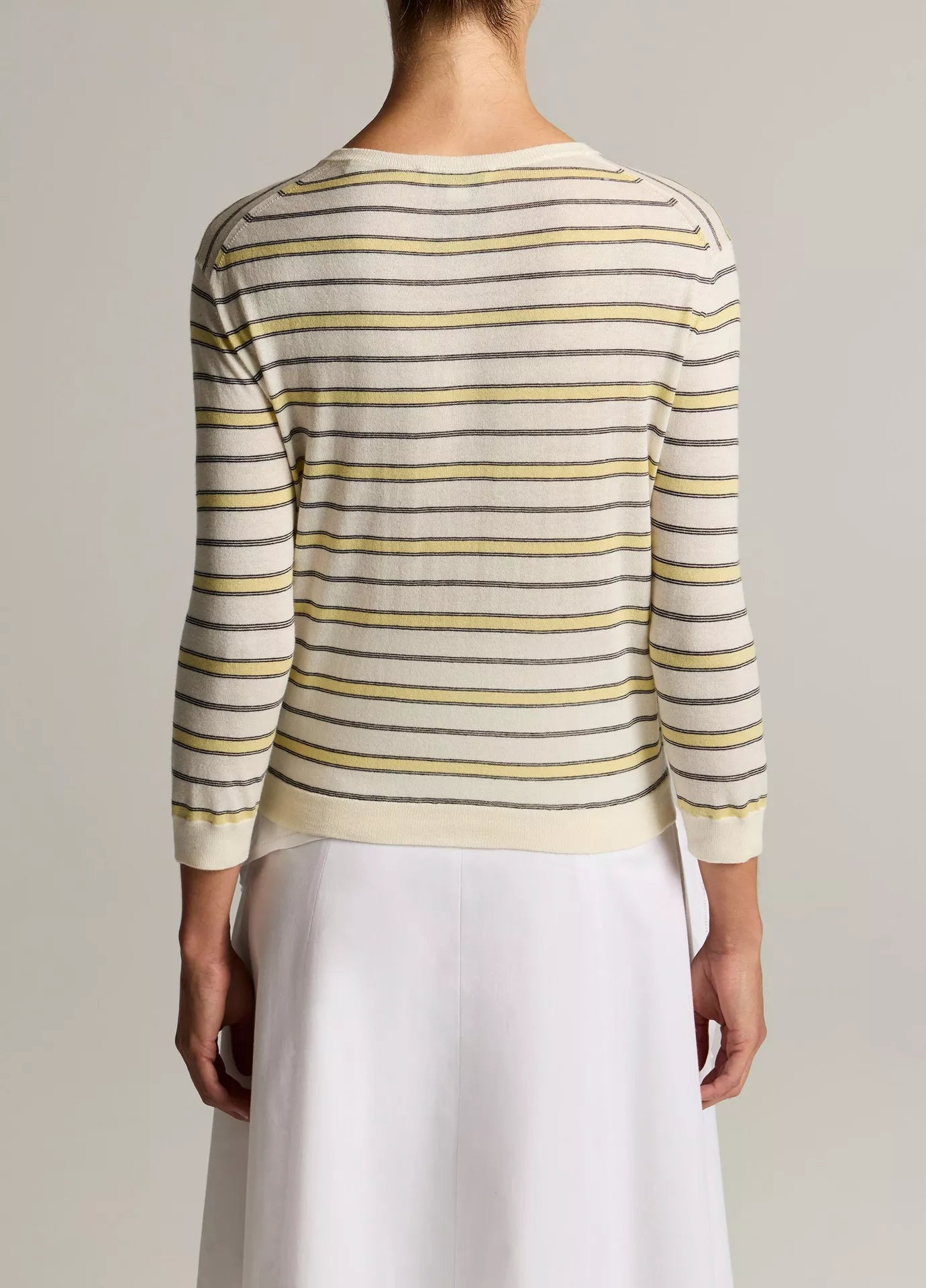 Vince Striped Italian Cotton-Cashmere Three-Quarter-Sleeve Cardigan