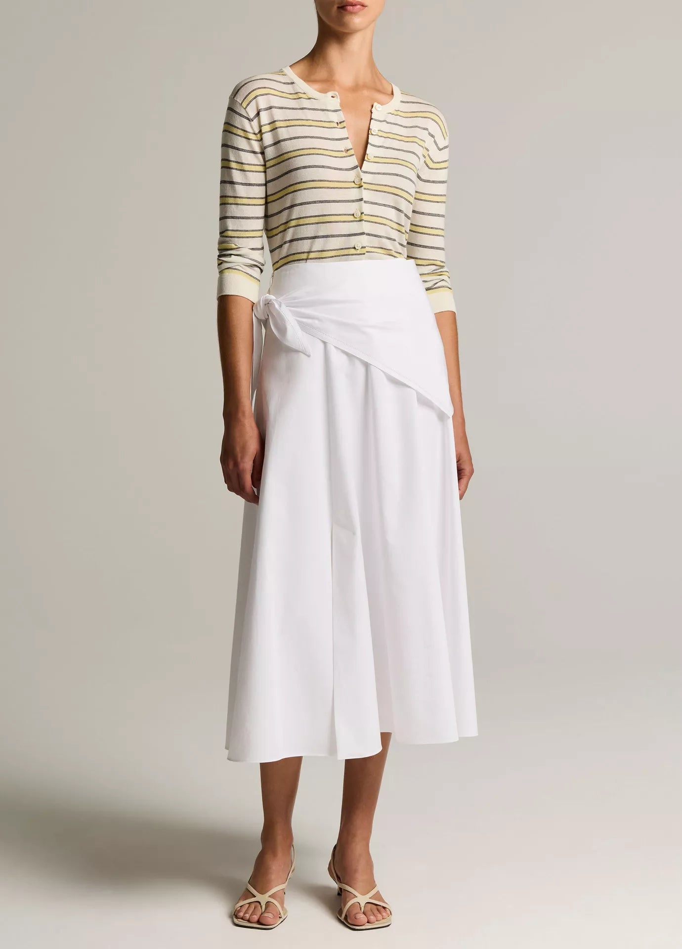 Vince Striped Italian Cotton-Cashmere Three-Quarter-Sleeve Cardigan