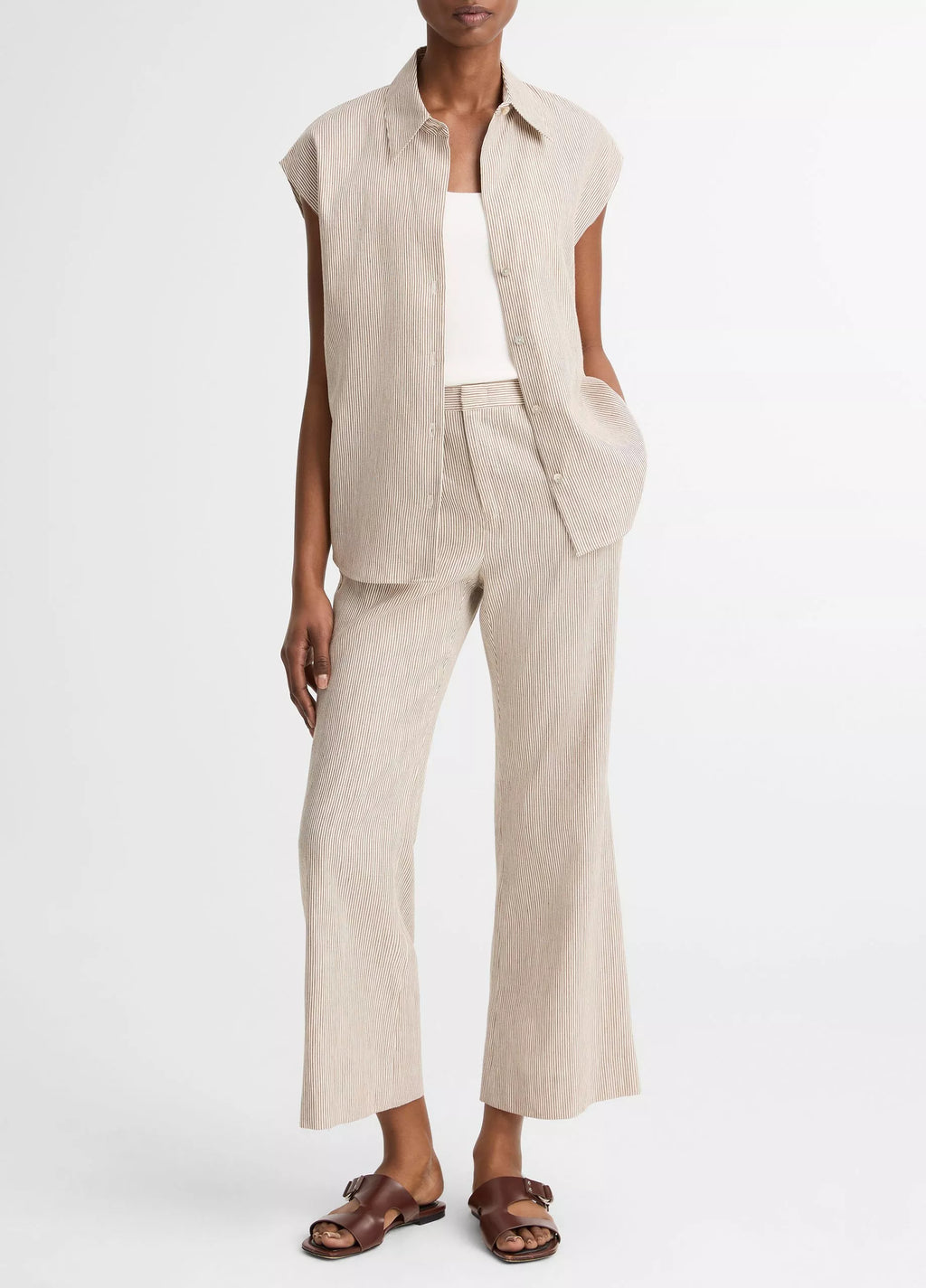 Vince Ticking Stripe Linen-Cotton Low-Rise Crop Flare Trouser