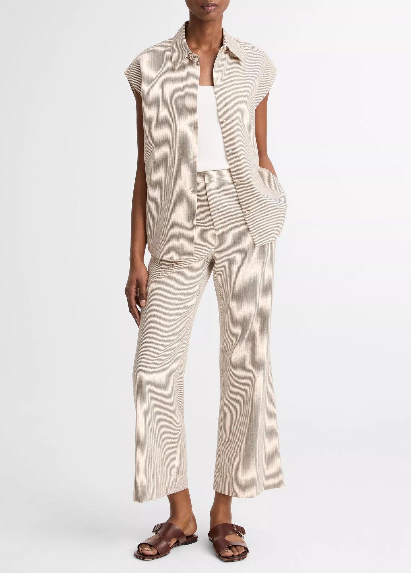 Vince Ticking Stripe Linen-Cotton Low-Rise Crop Flare Trouser