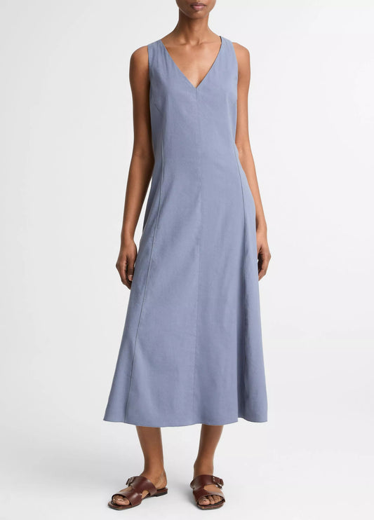 Vince Linen-Blend V-Neck Dress