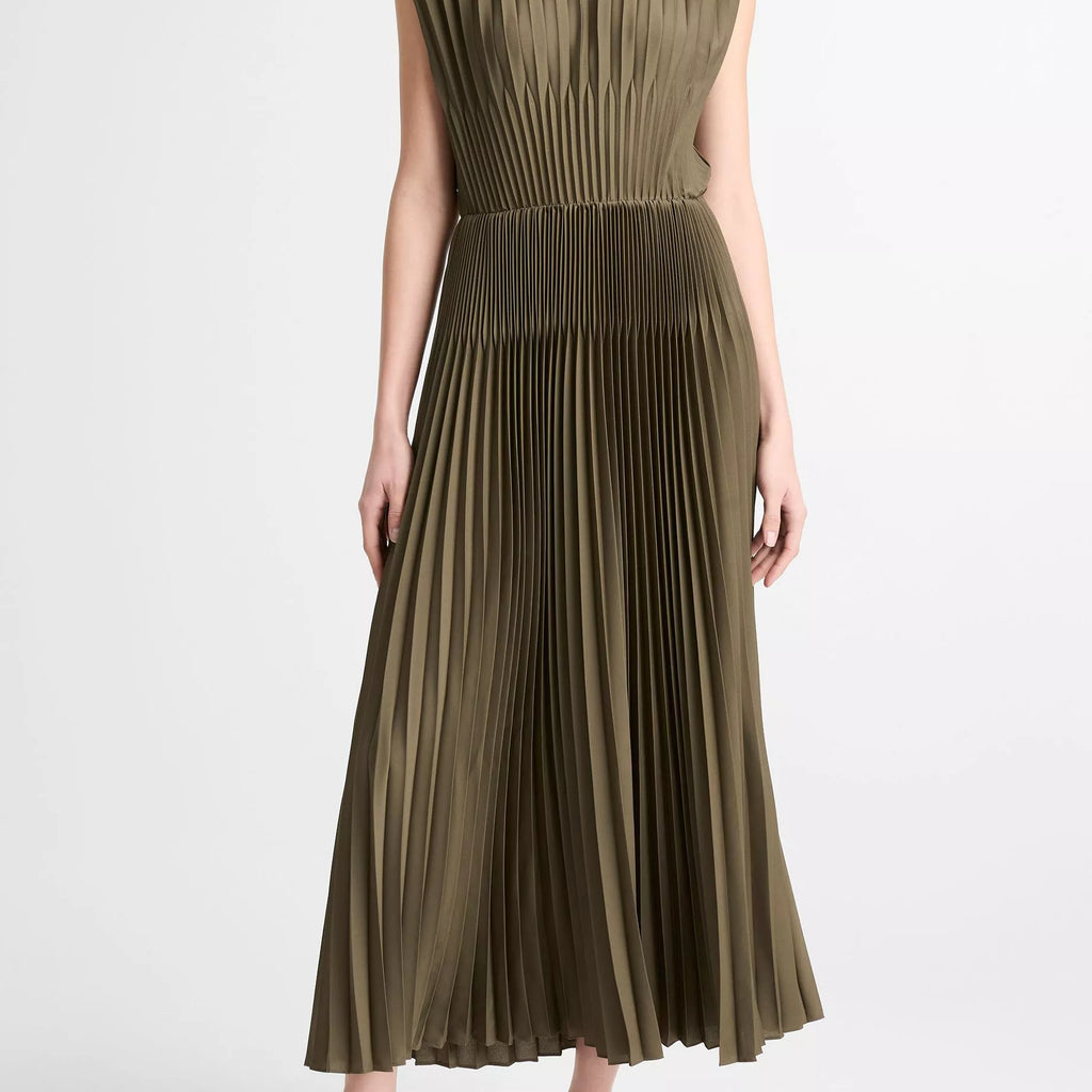 Vince Chevron-Pleated Satin Dress