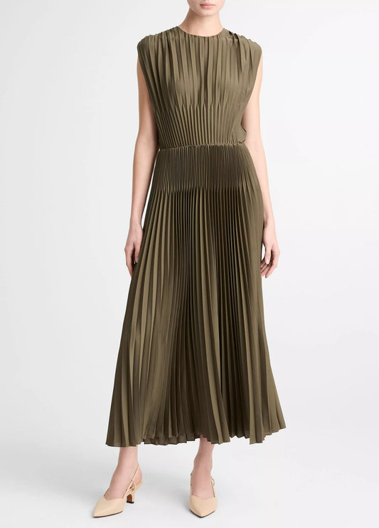 Vince Chevron-Pleated Satin Dress