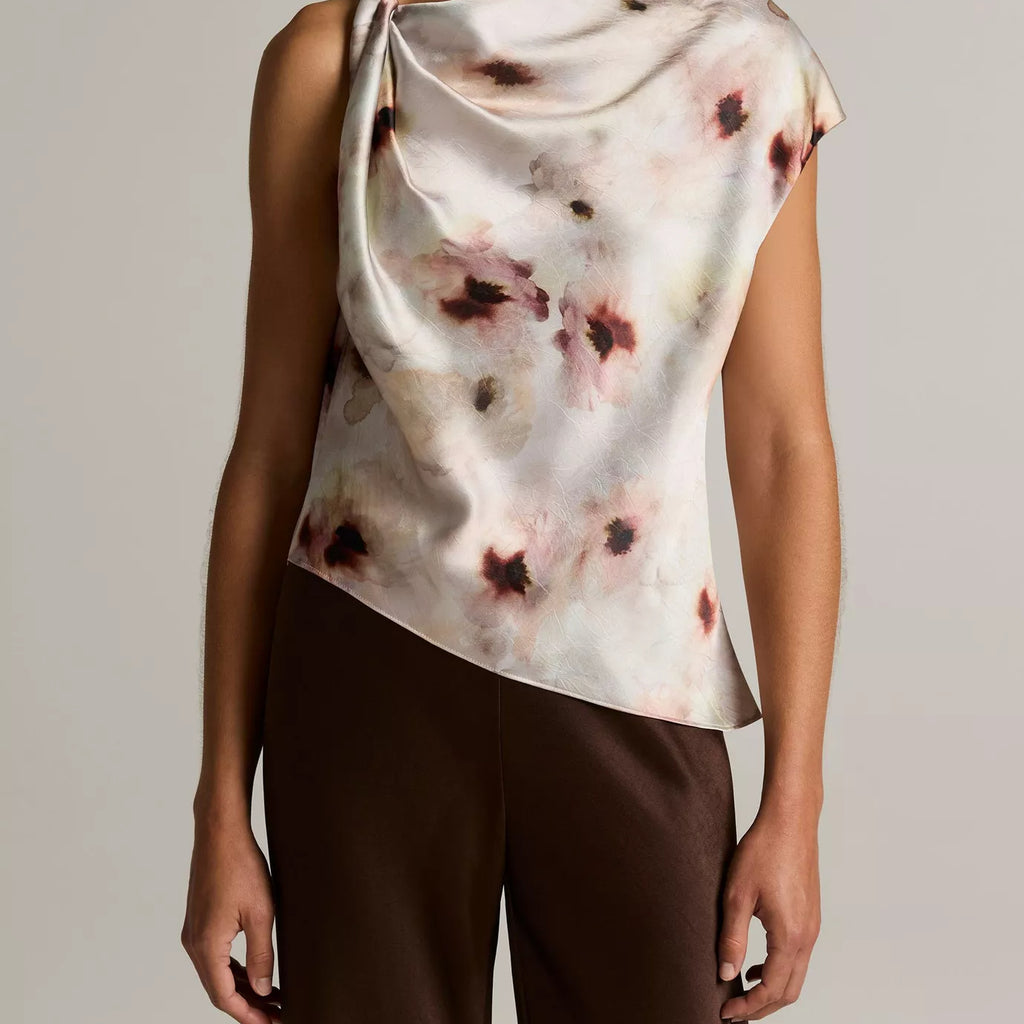 Vince Watercolor Floral Satin Twist-Shoulder Top