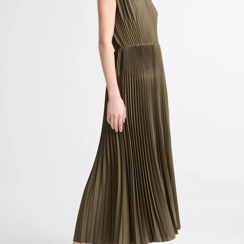 Vince Chevron-Pleated Satin Dress