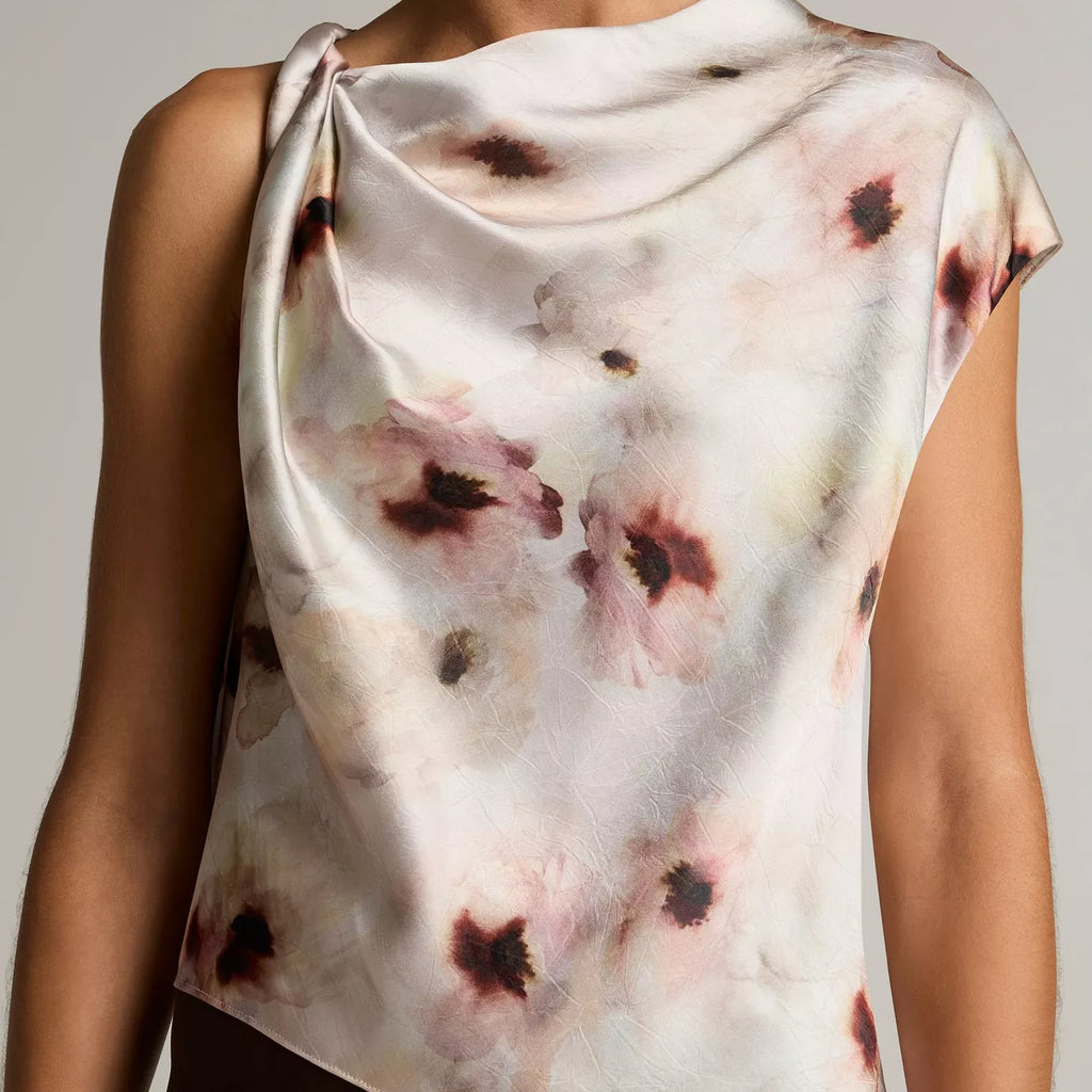 Vince Watercolor Floral Satin Twist-Shoulder Top