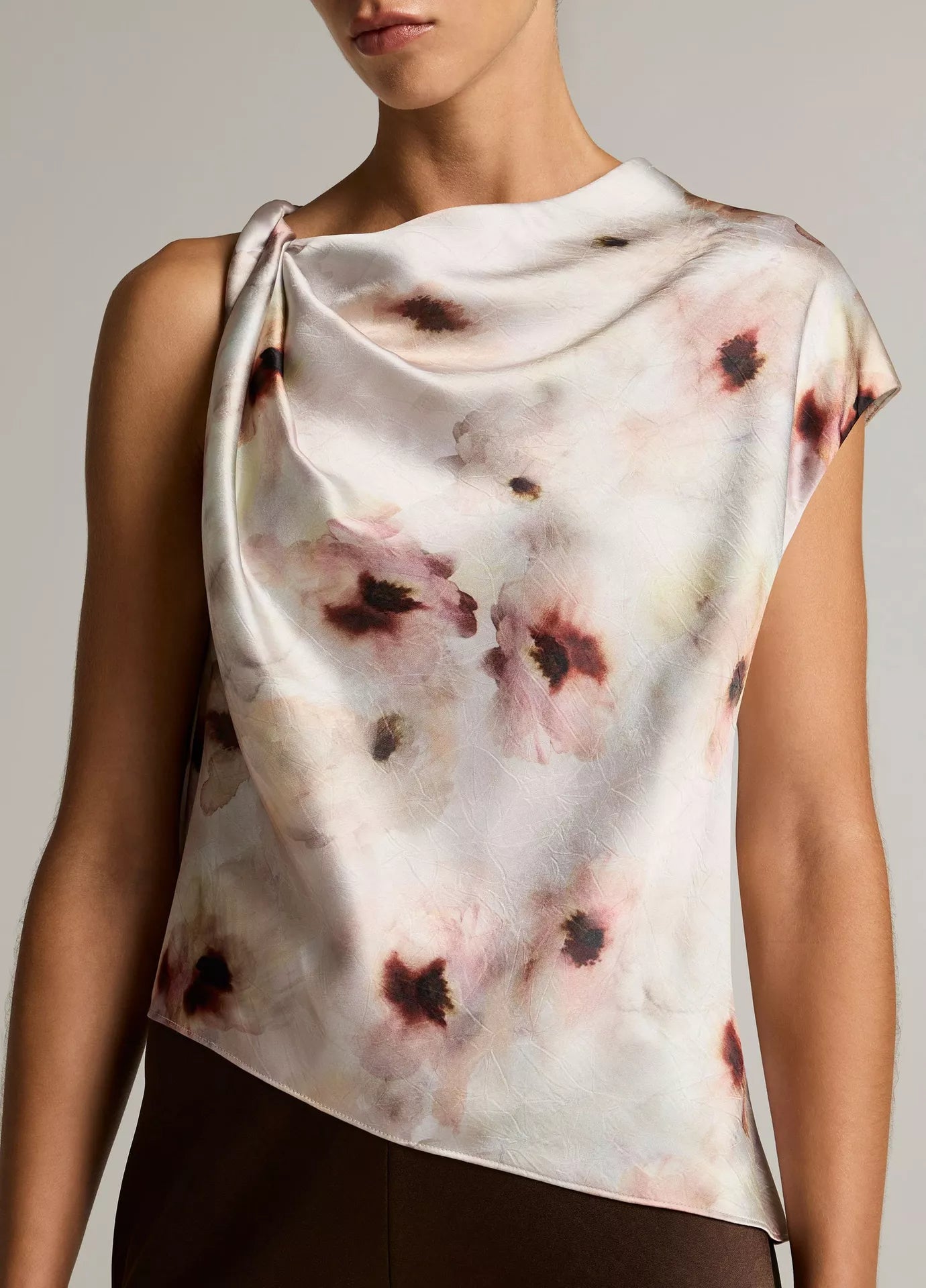Vince Watercolor Floral Satin Twist-Shoulder Top