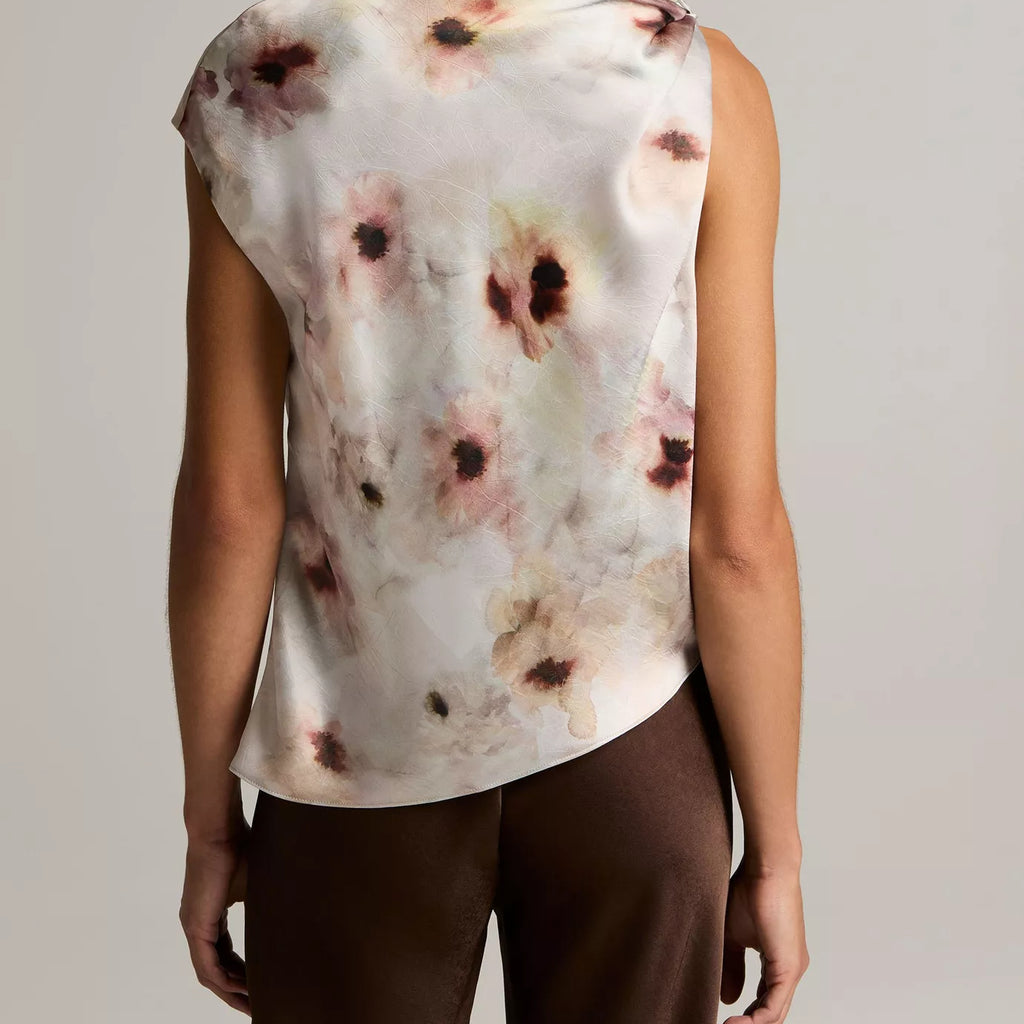 Vince Watercolor Floral Satin Twist-Shoulder Top