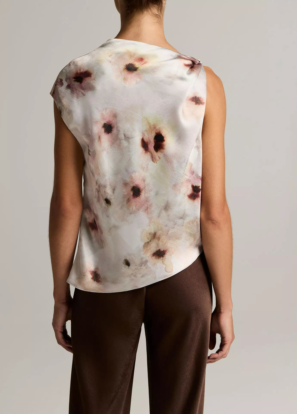 Vince Watercolor Floral Satin Twist-Shoulder Top