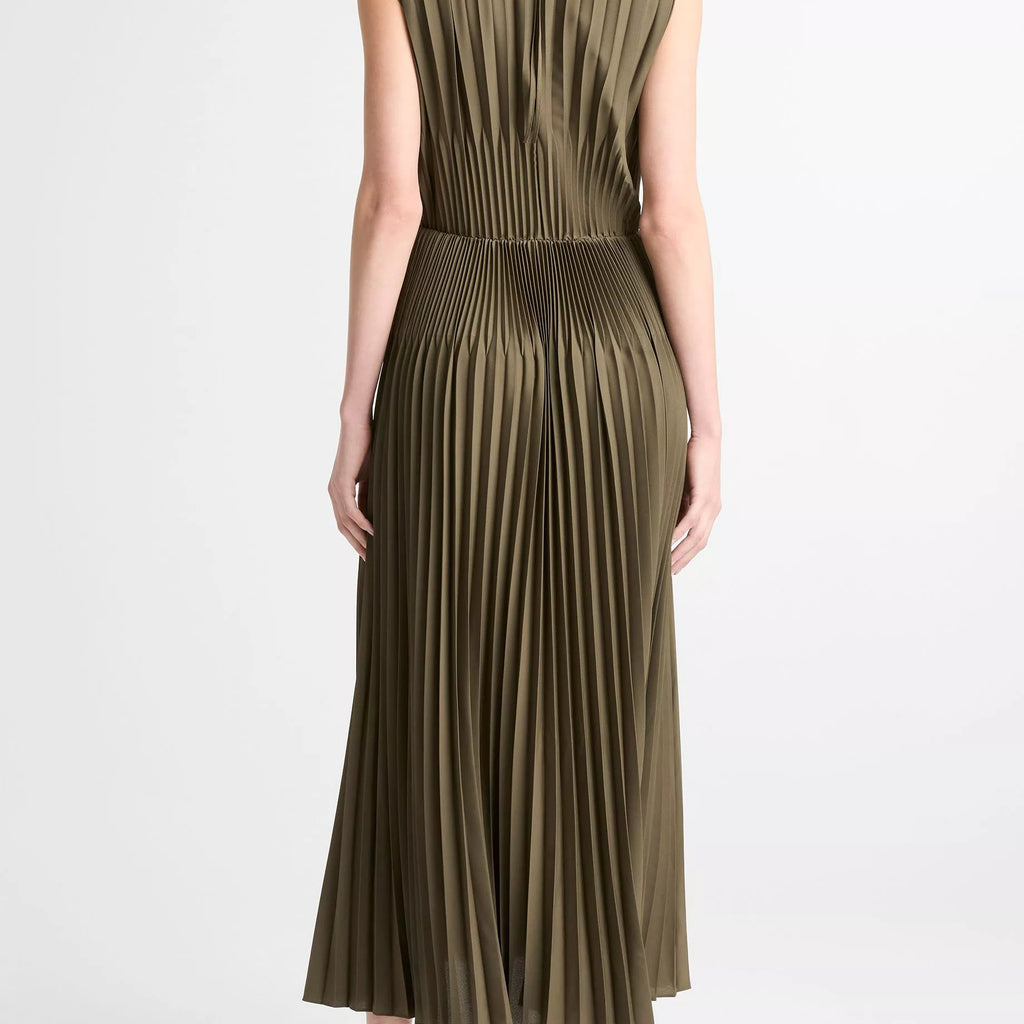 Vince Chevron-Pleated Satin Dress