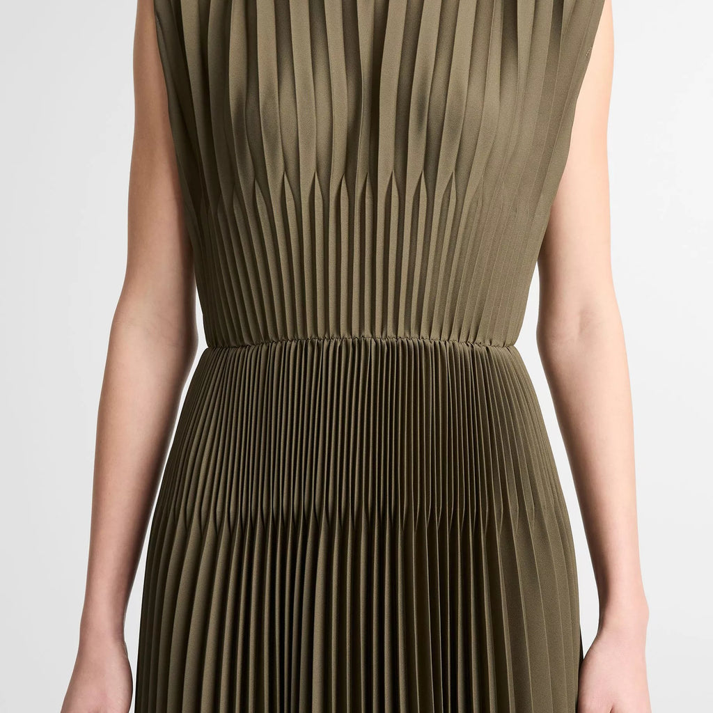Vince Chevron-Pleated Satin Dress