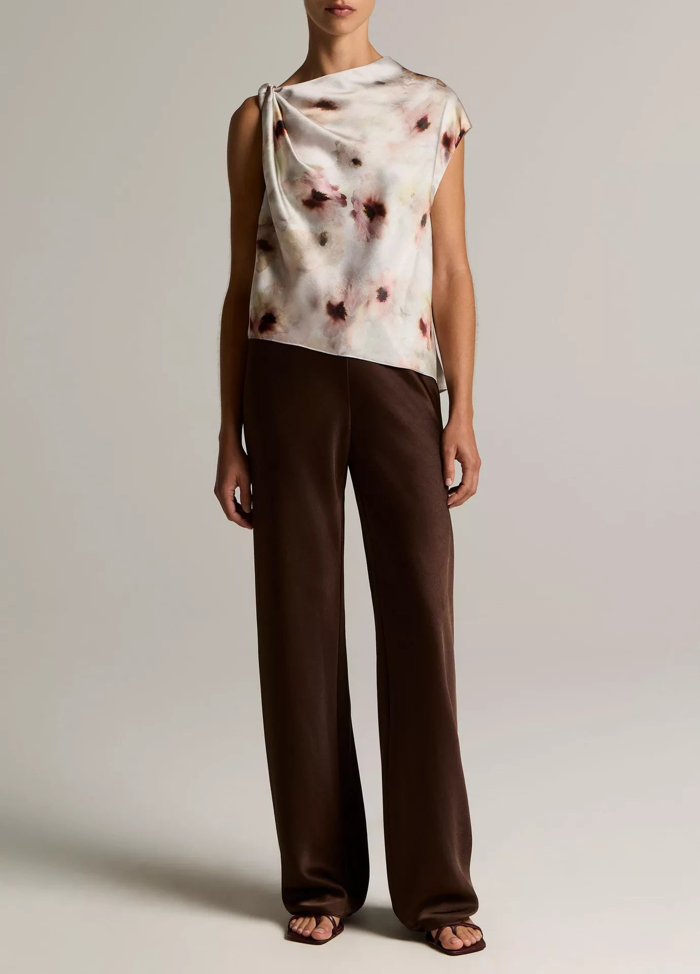 Vince Watercolor Floral Satin Twist-Shoulder Top