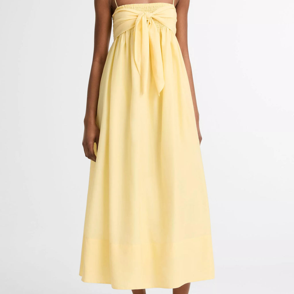 Vince Cotton-Silk Tie Smocked Dress