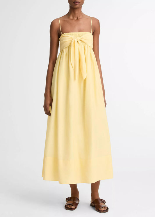 Vince Cotton-Silk Tie Smocked Dress