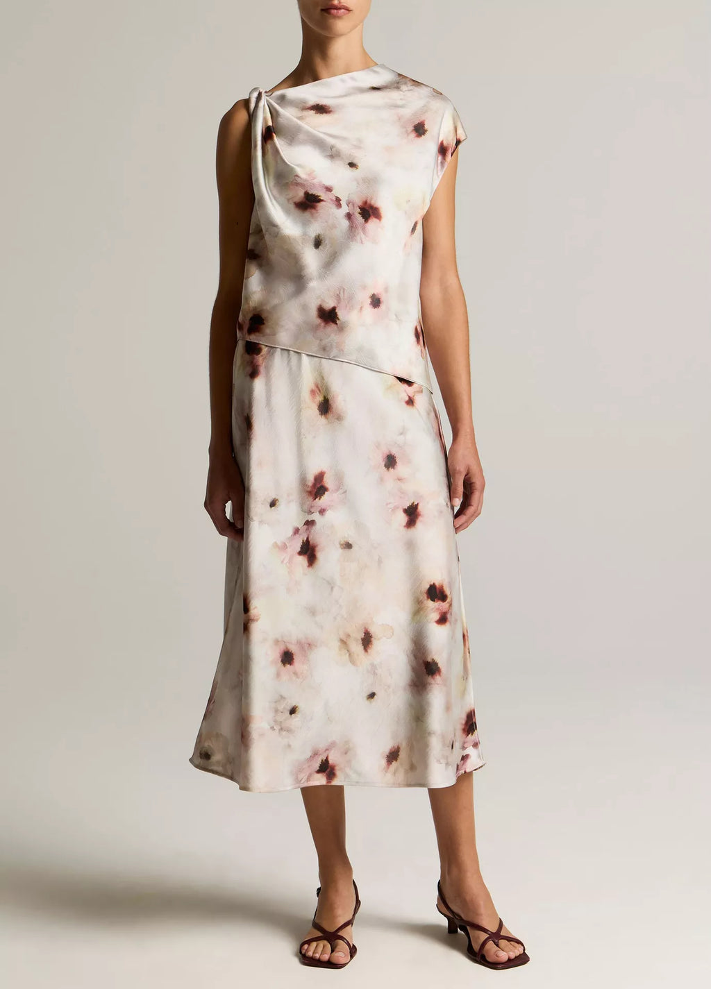 Vince Watercolor Floral Satin Slip-Skirt