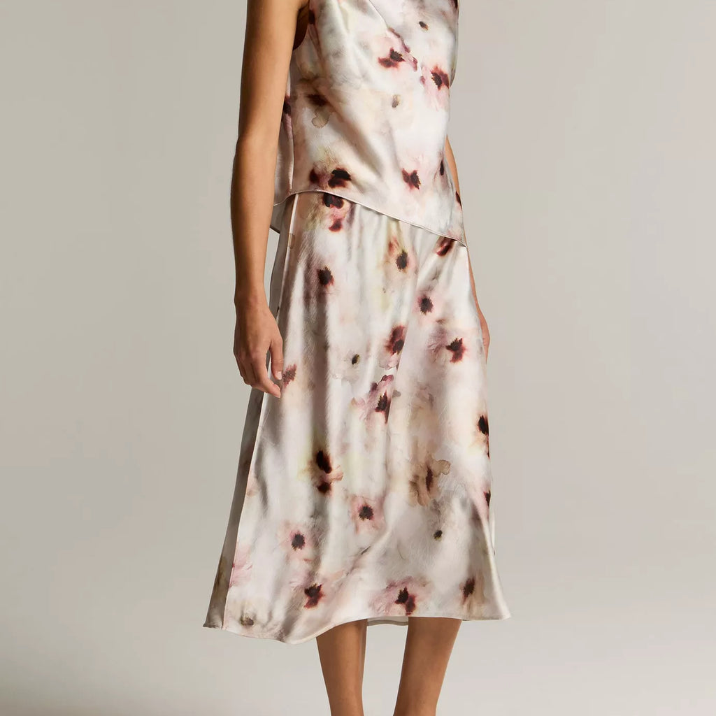 Vince Watercolor Floral Satin Slip-Skirt