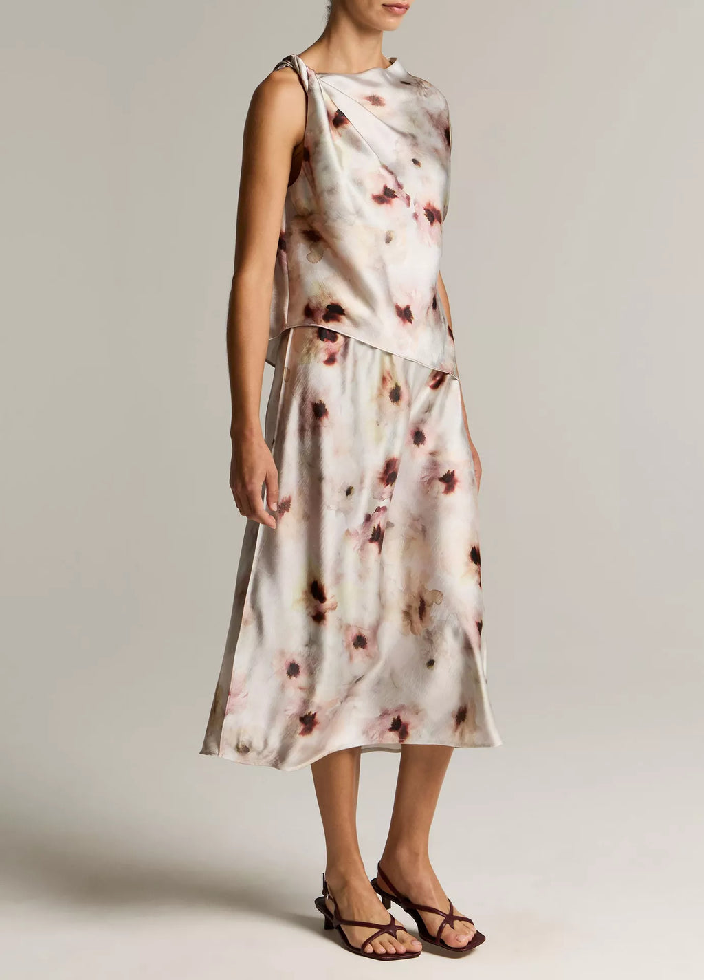 Vince Watercolor Floral Satin Slip-Skirt