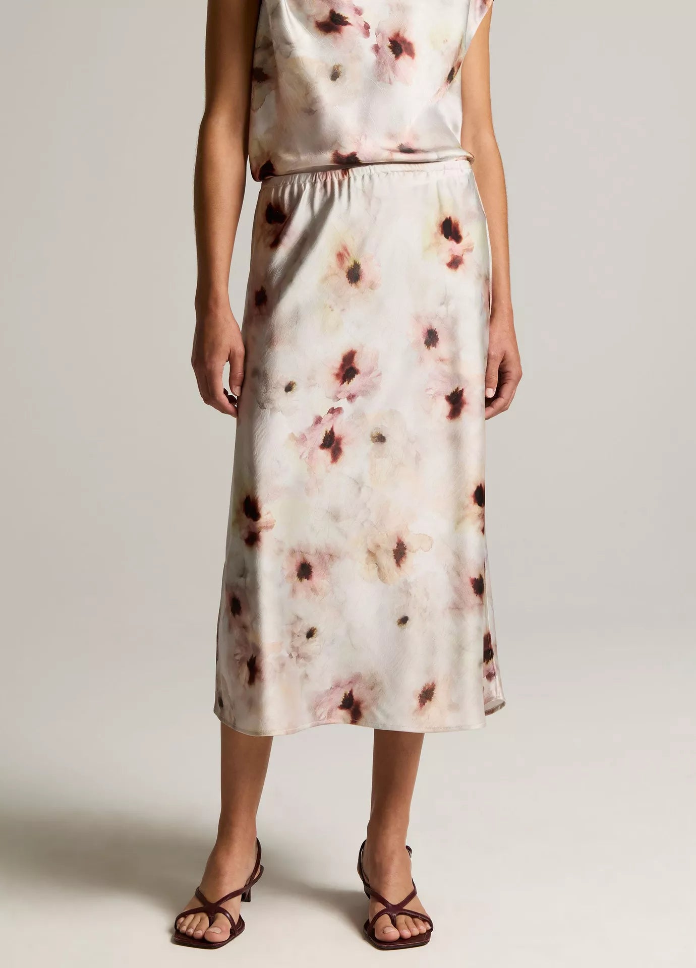 Vince Watercolor Floral Satin Slip-Skirt